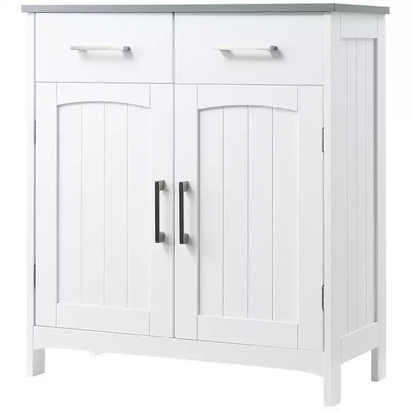 Meuble bas de salle de bain, Armoire de rangement autonome, Meuble de rangement avec 2 tiroirs, Double portes, Étagère réglable, Blanc