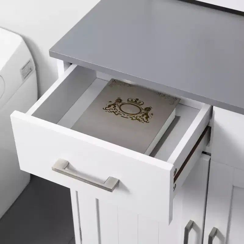 Meuble bas de salle de bain, Armoire de rangement autonome, Meuble de rangement avec 2 tiroirs, Double portes, Étagère réglable, Blanc