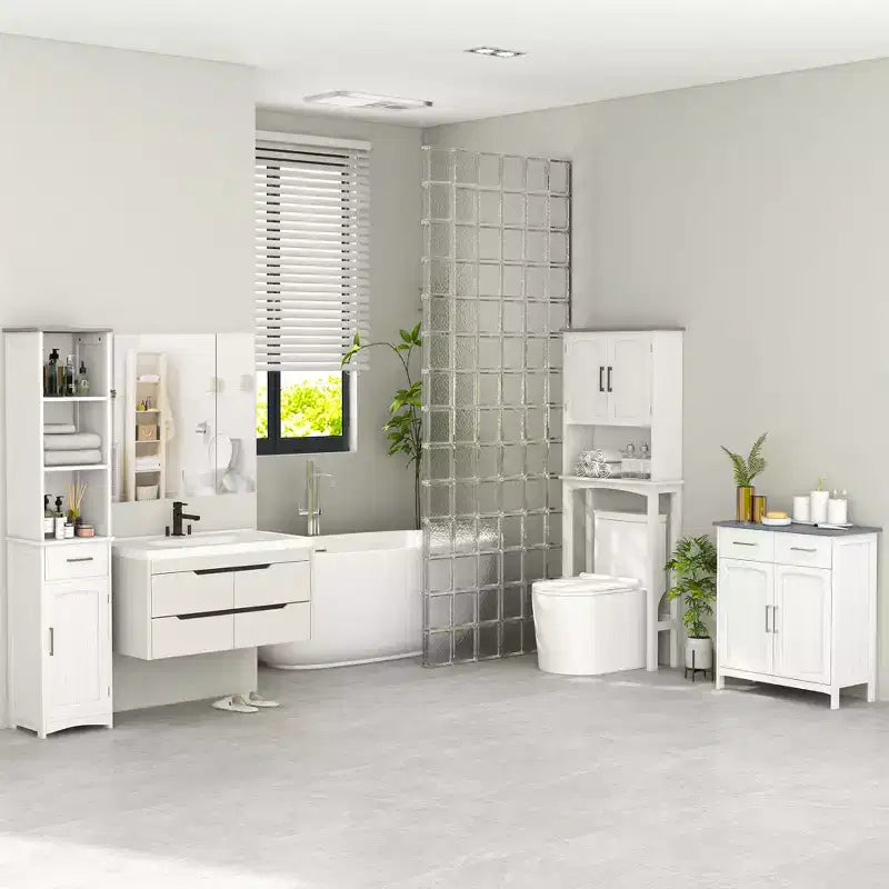 Meuble bas de salle de bain, Armoire de rangement autonome, Meuble de rangement avec 2 tiroirs, Double portes, Étagère réglable, Blanc