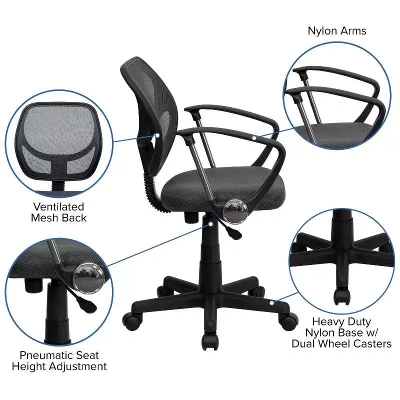 Chaise de bureau pivotante à dossier mi-haut en maille avec dossier carré incurvé et accoudoirs