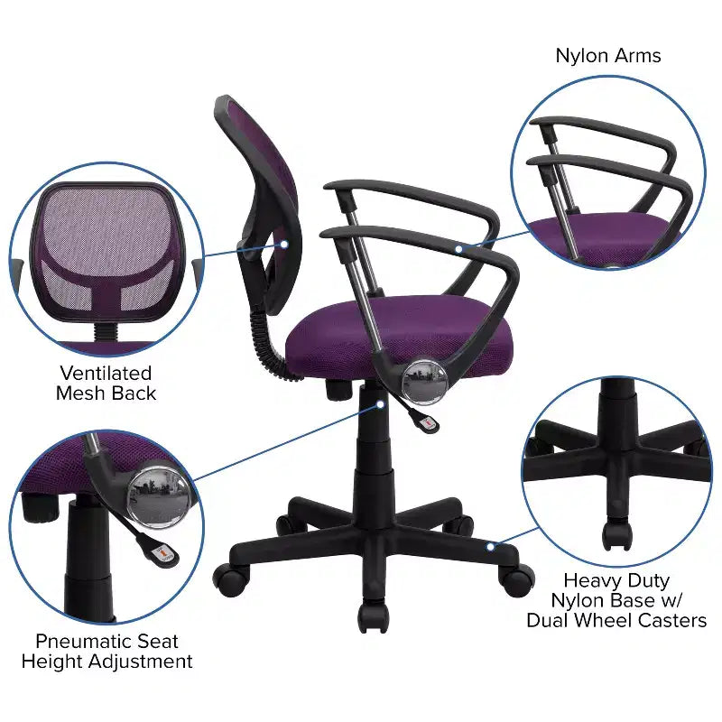 Chaise de bureau pivotante à dossier mi-haut en maille avec dossier carré incurvé et accoudoirs