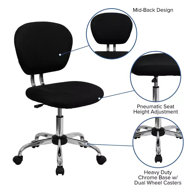 Chaise de bureau ergonomique pivotante en maille, dossier mi-hauteur, avec accoudoirs et base chromée