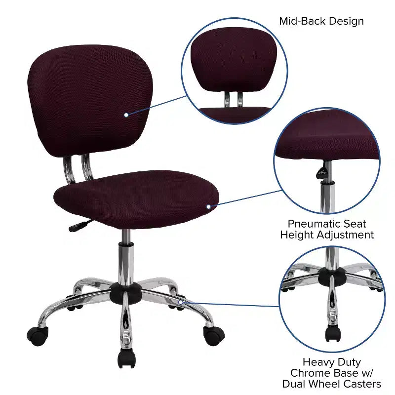 Chaise de bureau ergonomique pivotante en maille, dossier mi-hauteur, avec accoudoirs et base chromée