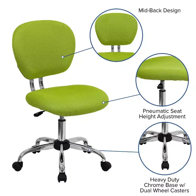 Chaise de bureau ergonomique pivotante en maille, dossier mi-hauteur, avec accoudoirs et base chromée