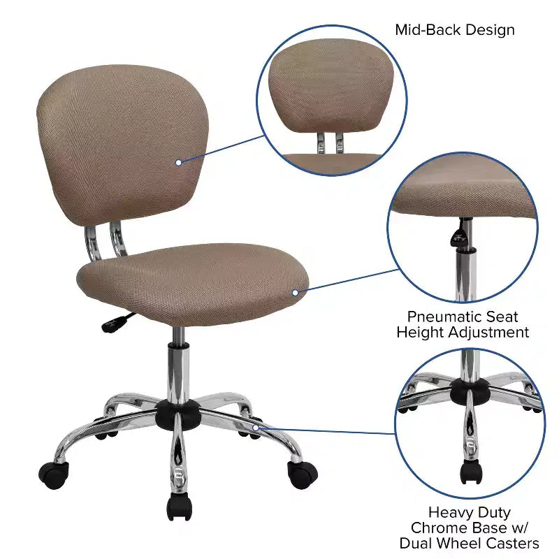 Chaise de bureau ergonomique pivotante en maille, dossier mi-hauteur, avec accoudoirs et base chromée
