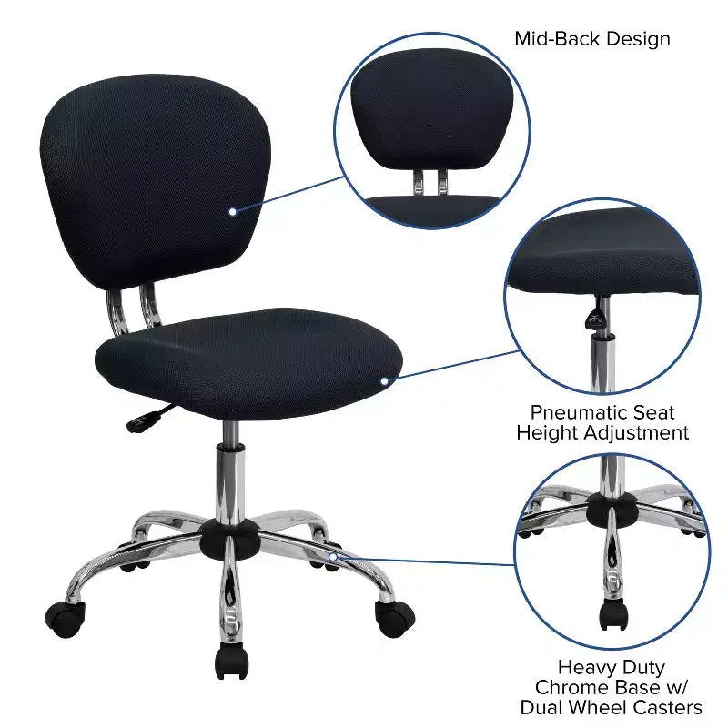 Chaise de bureau ergonomique pivotante en maille, dossier mi-hauteur, avec accoudoirs et base chromée