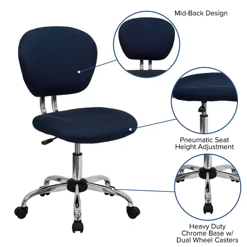Chaise de bureau ergonomique pivotante en maille, dossier mi-hauteur, avec accoudoirs et base chromée
